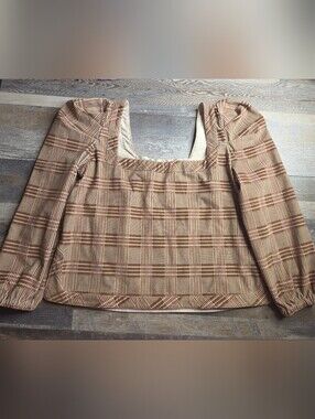 Buru Women's Medium Brown Plaid Long Sleeve Top